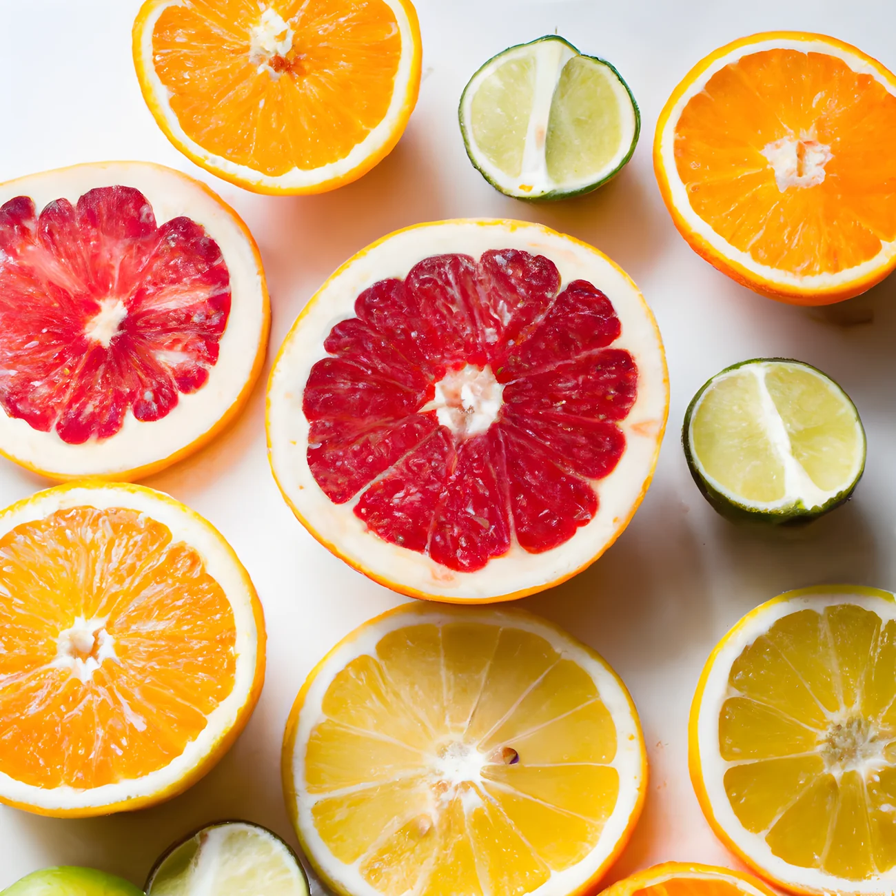 Bright and fresh assorted citrus slices including grapefruit, orange, and lime.